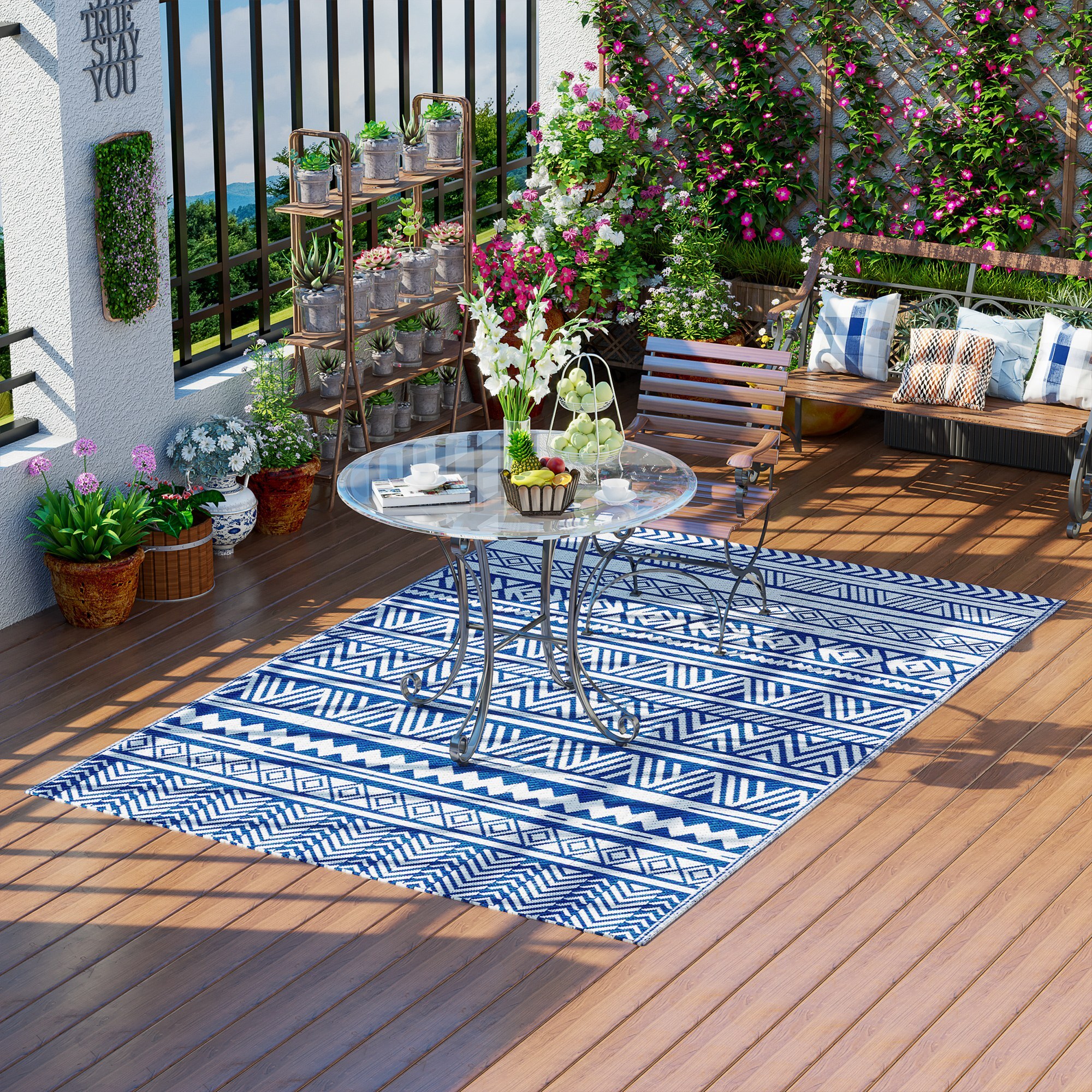 Alfombra de Exterior 182x274 cm Alfombra Reversible Estilo Moderno para Terraza Balcón Patio Camping Playa Azul Oscuro y Blanco