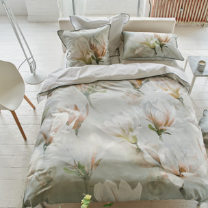 Housse de couette imprimée en satin de coton, YULAN MAGNOLIA, Gris