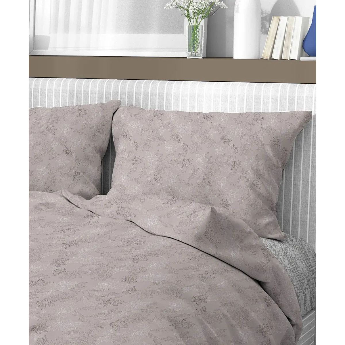 Parure Copripiumino Lily Beige per letto singolo in 100% Cotone e Made in Italy, moderno floreale