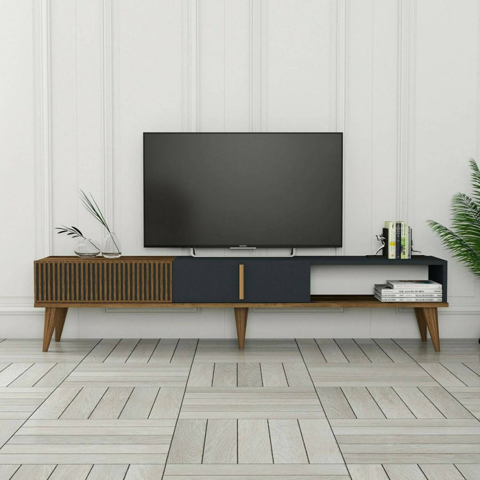 Mobile porta TV Jakuchu, Credenza da soggiorno, Armadio basso per TV, Base parete attrezzata, 180x35h40 cm, Noce e Antracite