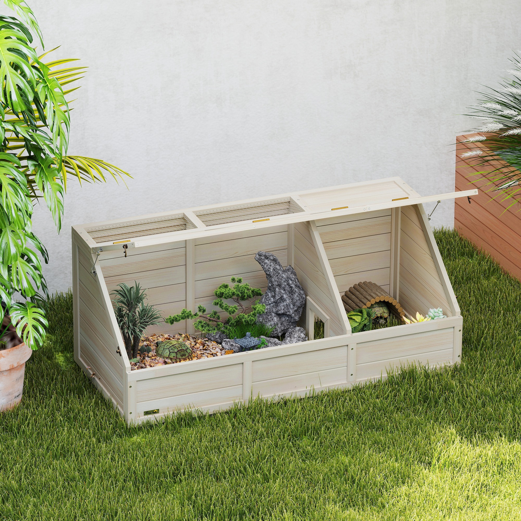 Maison enclos pour tortues - espace niche et enclos - porte haute verrouillable - bois naturel