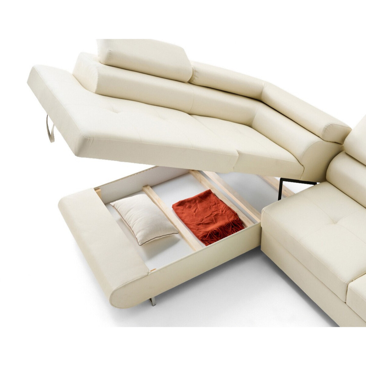 Zaria - canapé d'angle gauche 5 places convertible avec coffre et têtières en simili - Beige