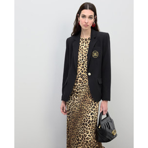 Abito midi aderente con drappeggio in stampa animalier