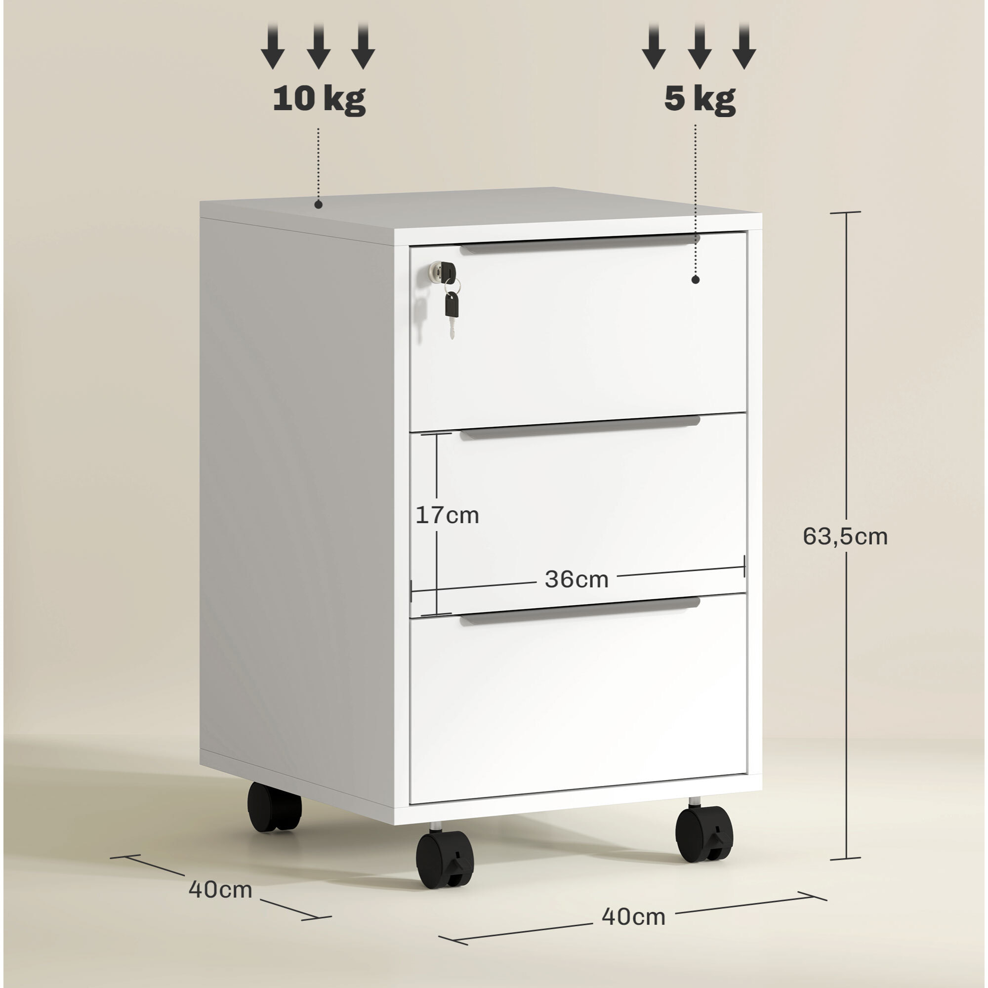 Cajonera de Escritorio con 3 Cajones Cajonera de Oficina con Ruedas Cerradura y 2 Llaves Archivador Móvil para Estudio Salón 40x40x63,5 cm Blanco