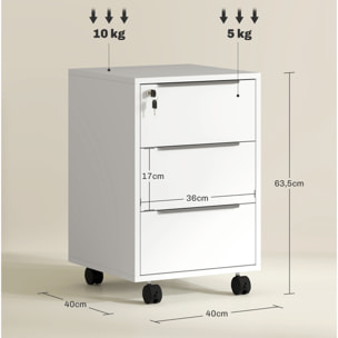 Cajonera de Escritorio con 3 Cajones Cajonera de Oficina con Ruedas Cerradura y 2 Llaves Archivador Móvil para Estudio Salón 40x40x63,5 cm Blanco