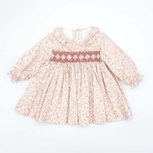 Vestido bordado a mano de florecitas rosa y blanco