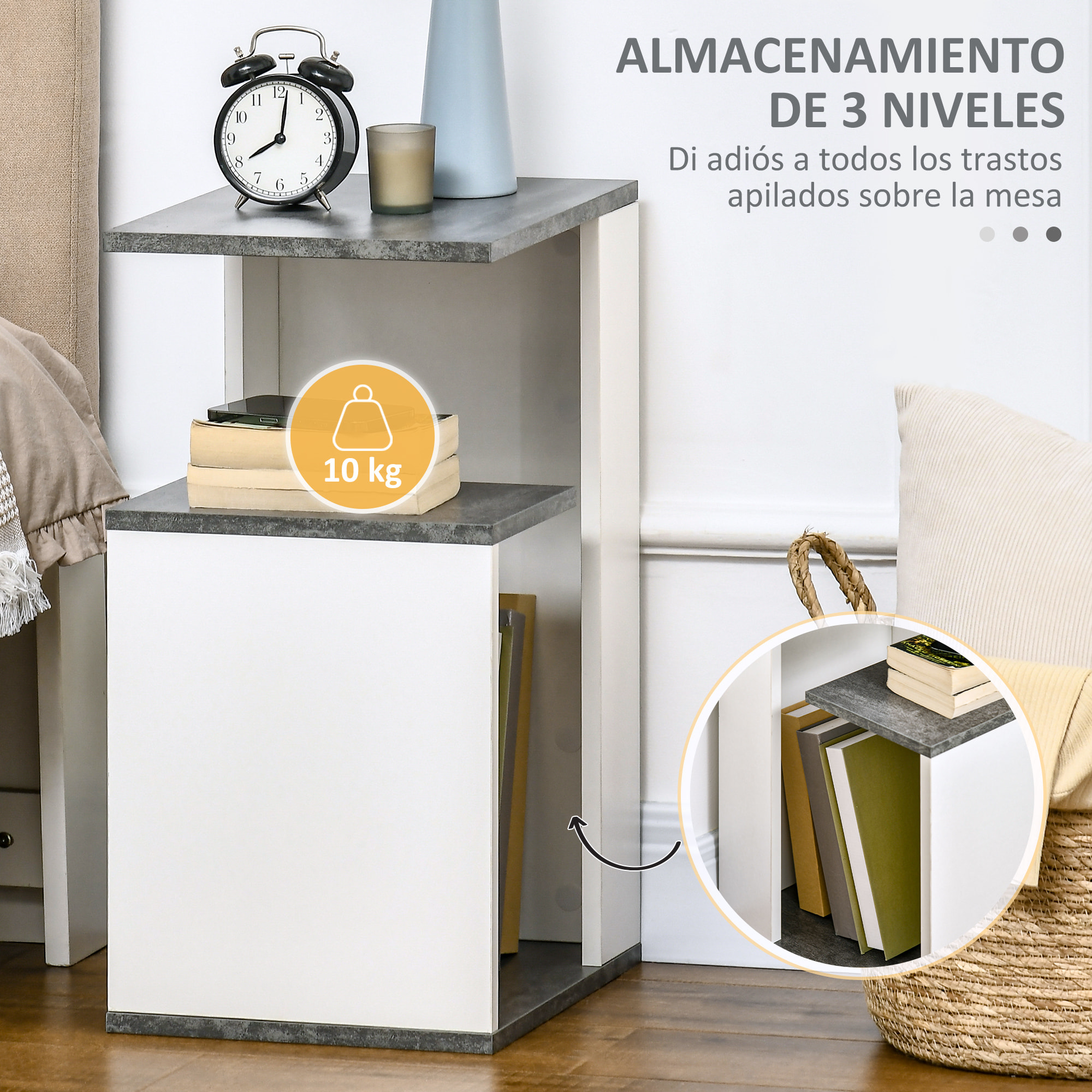 HOMCOM Mesita de Noche Mesa Auxiliar con 2 Estantes de Almacenamiento para Dormitorio Salón Cama Oficina Estilo Moderno 35x29,5x60 cm Gris y Blanco