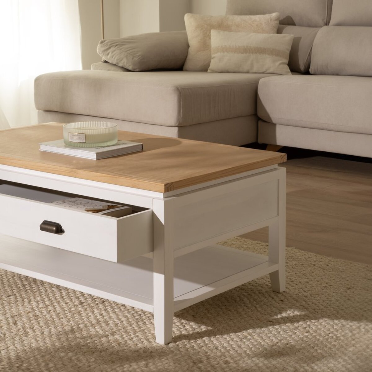 Table basse avec plateau relevable Avelin -bois massif de mindi et placage naturel de mindi-couleur blanc bergen/naturel 110 x 45 x 60 cm