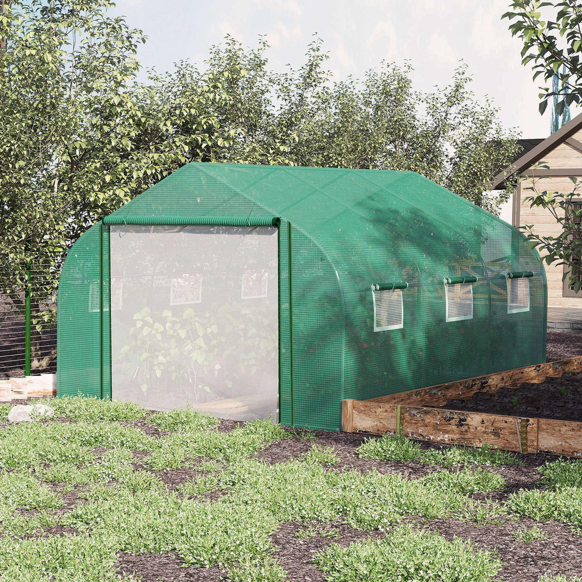 Invernadero de Túnel 3,5x3x2 m Invernadero de Jardín con Puerta y 6 Ventanas Enrollables de Polietileno Metal Galvanizado para Cultivos Plantas Flores Verde
