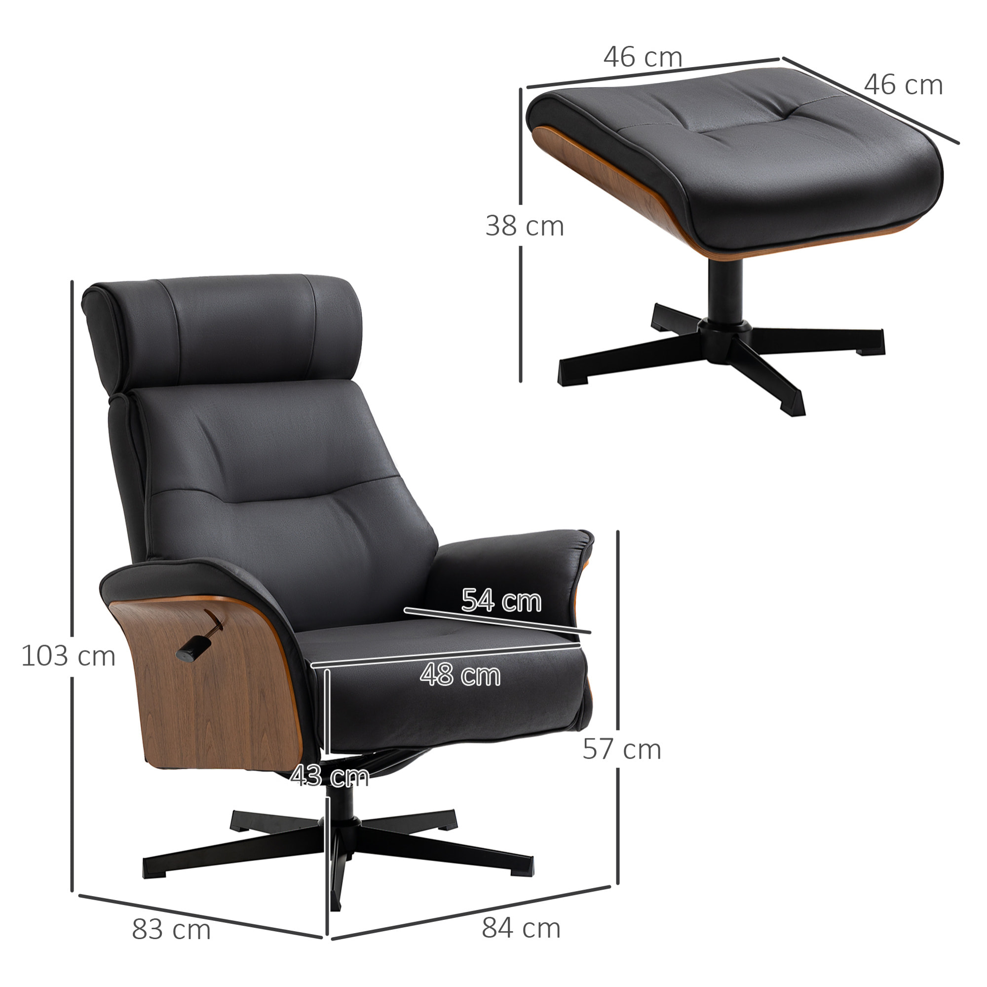 HOMCOM Sillón de Salón con Otomana Reposapiés Tapizado en Microfibra Sillón Relax Reclinable hasta 135° Giratorio 360° con Reposacabezas Ajustable para Salón Oficina 84x83x103 cm Negro