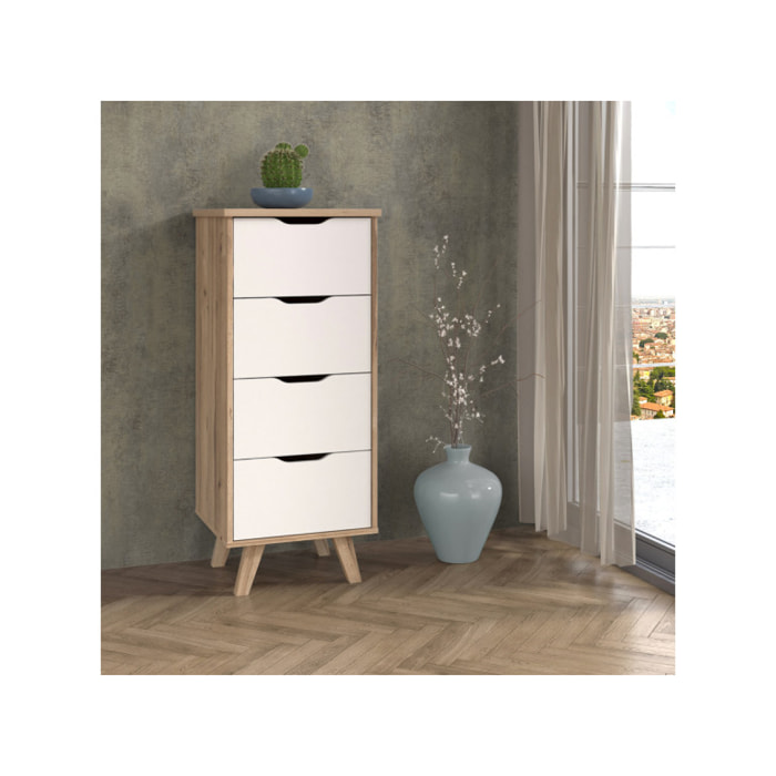 Chiffonnier 4 tiroirs effet bois chêne naturel et blanc mat - WANDA