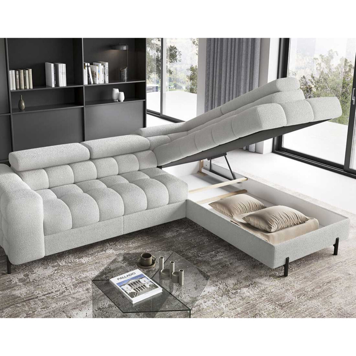 Elisa - canapé d'angle droit 5 places convertible avec coffre et têtières réglables en tissu bouclette - Gris clair