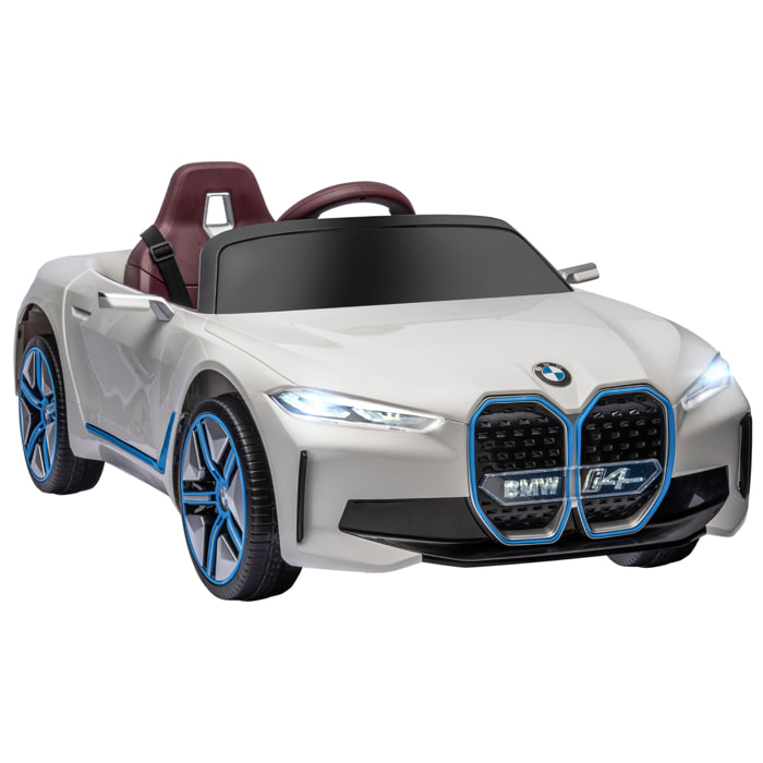 Coche Eléctrico para Niños 37-72 Meses Autorización BMW I4 Coche de Batería 12V con Control Remoto Música MP3 Pantalla Luces y Cinturón de Seguridad 115x67x45 cm Blanco