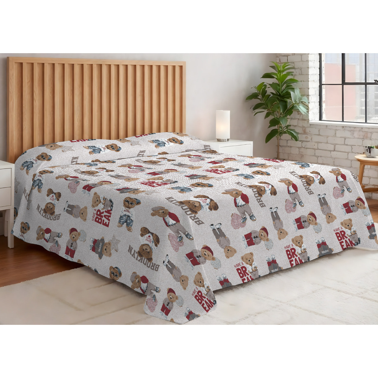 Copriletto Piquet 100% Cotone Made in Italy Fantasia Cameretta Bimbi Disegno Teddy Beige
