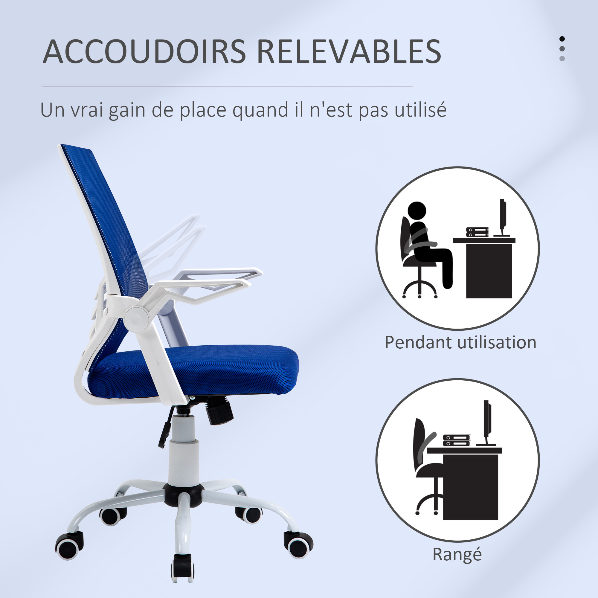 Vinsetto Chaise de bureau ergonomique support lombaires hauteur réglable pivotante 360° accoudoirs relevables polyester maille bleu