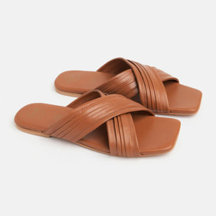 Ciabattina in vera pelle con fasce incrocio - CUOIO