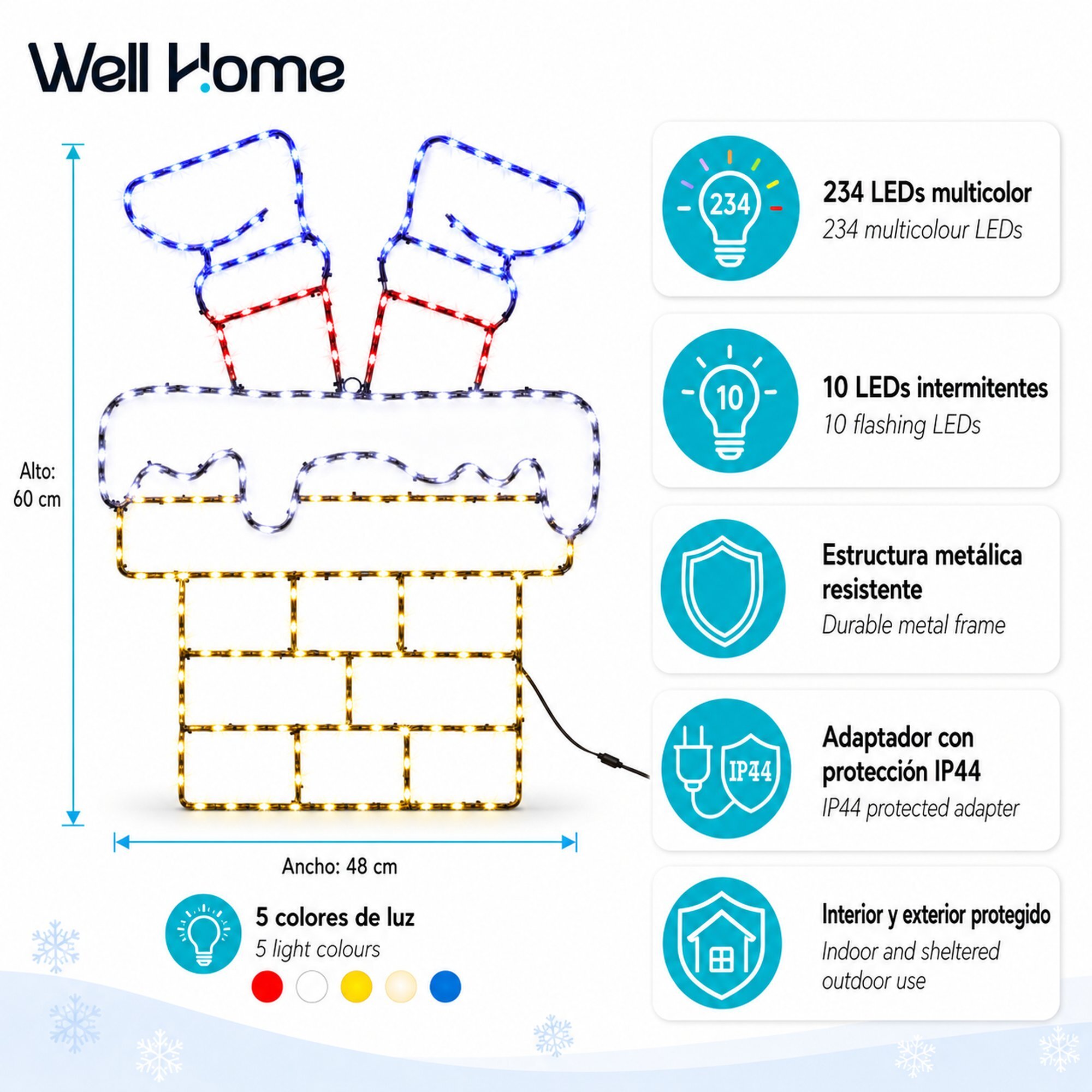 Figura led chimenea de papá noel con 234 leds y efecto intermitente, decoración navideña para exterior e interior 48x60 cm