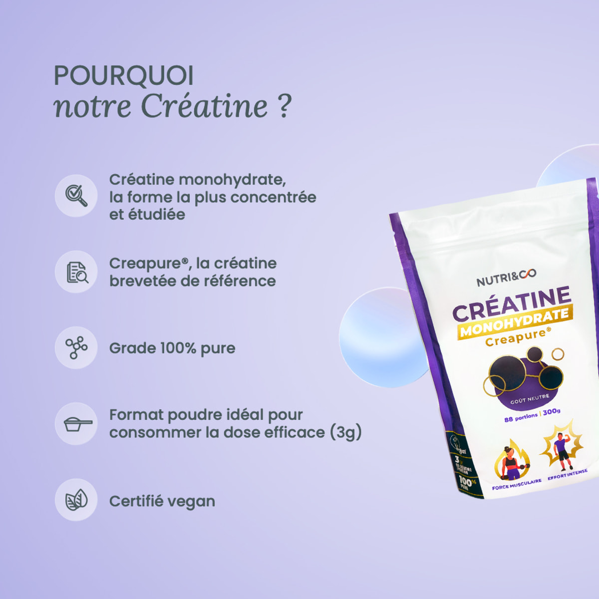 Nutri&Co Créatine Monohydrate Creapure® 100% Pure - Poudre 300g Goût Neutre