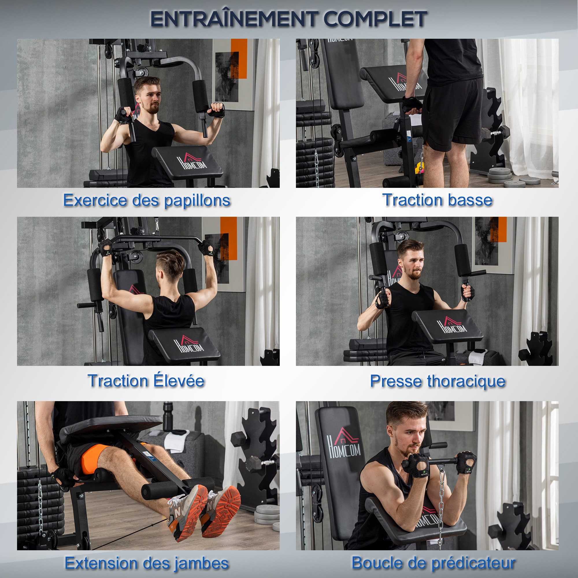 Station de musculation - entrainement complet - développé couché, butterfly, barre latissimus, curler, bande résistance - 12 contrepoids - acier noir