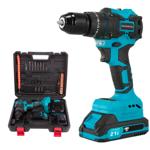 Trapano elettrico senza filo da 21V con motore senza spazzole e doppia velocità, valigetta per il trasporto con 24 accessori e doppia batteria da 10000 mAh.