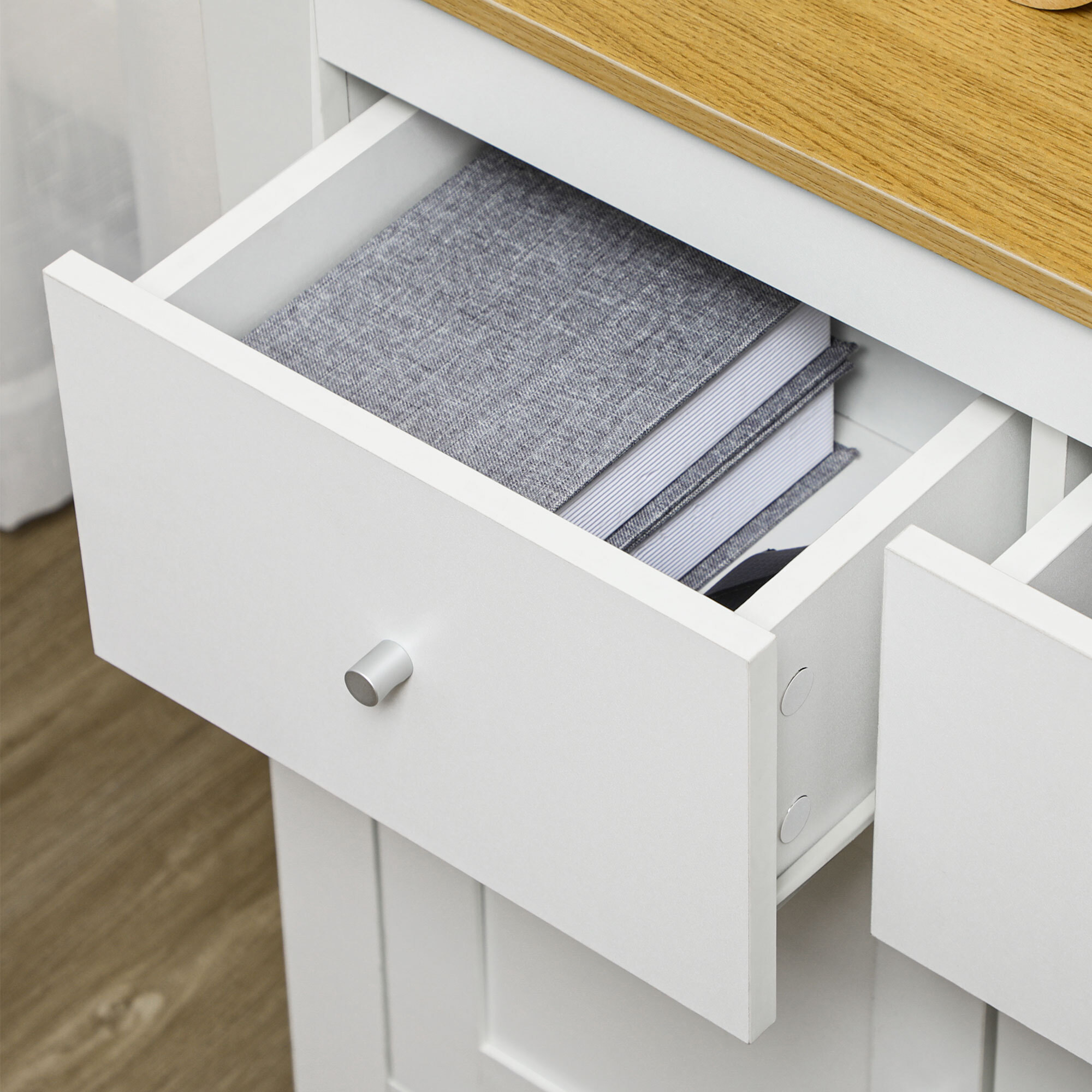 Buffet 2 portes 2 tiroirs - dim. 78 x 35 x 80 cm - piètement incliné noir blanc effet bois