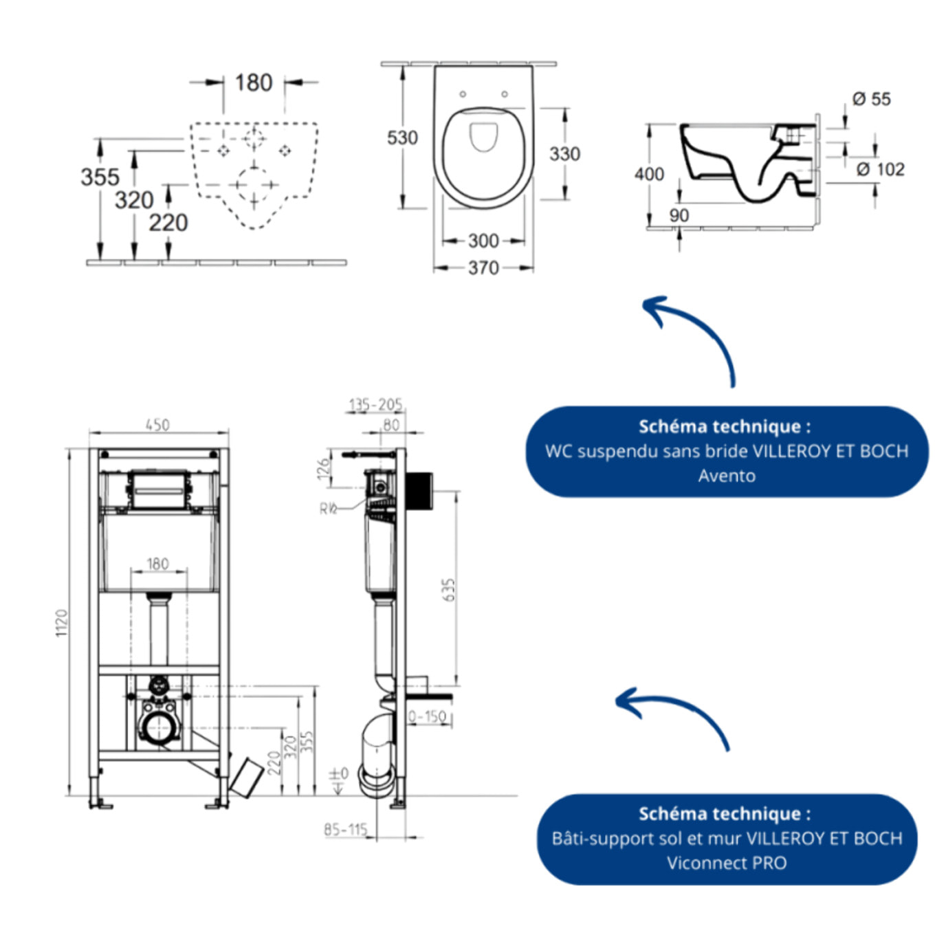Pack WC suspendu sans bride Avento + Bâti support ViConnect Pro + abattant frein de chute + plaque chromée mat  + Tabouret blanc