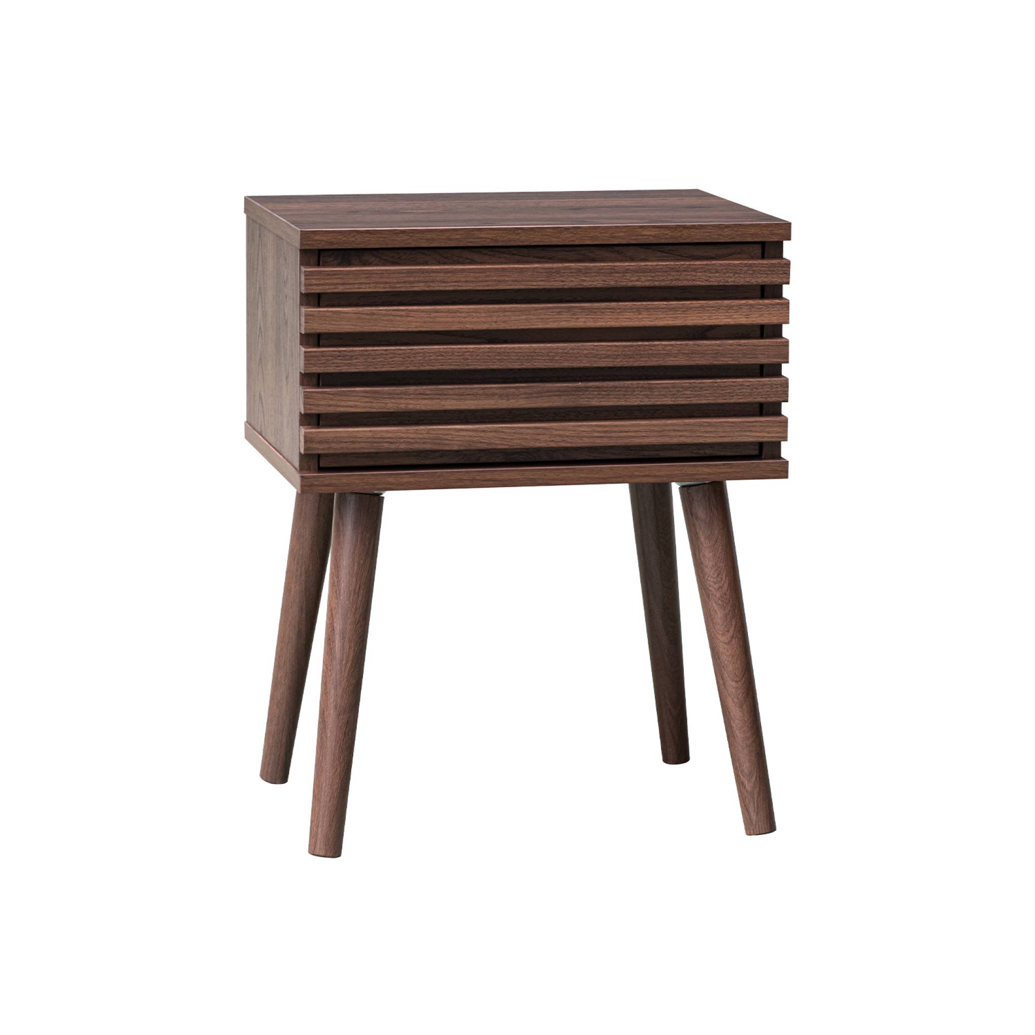 Table de chevet style scandinave décor bois couleur noyer avec tiroir rainuré et pieds compas