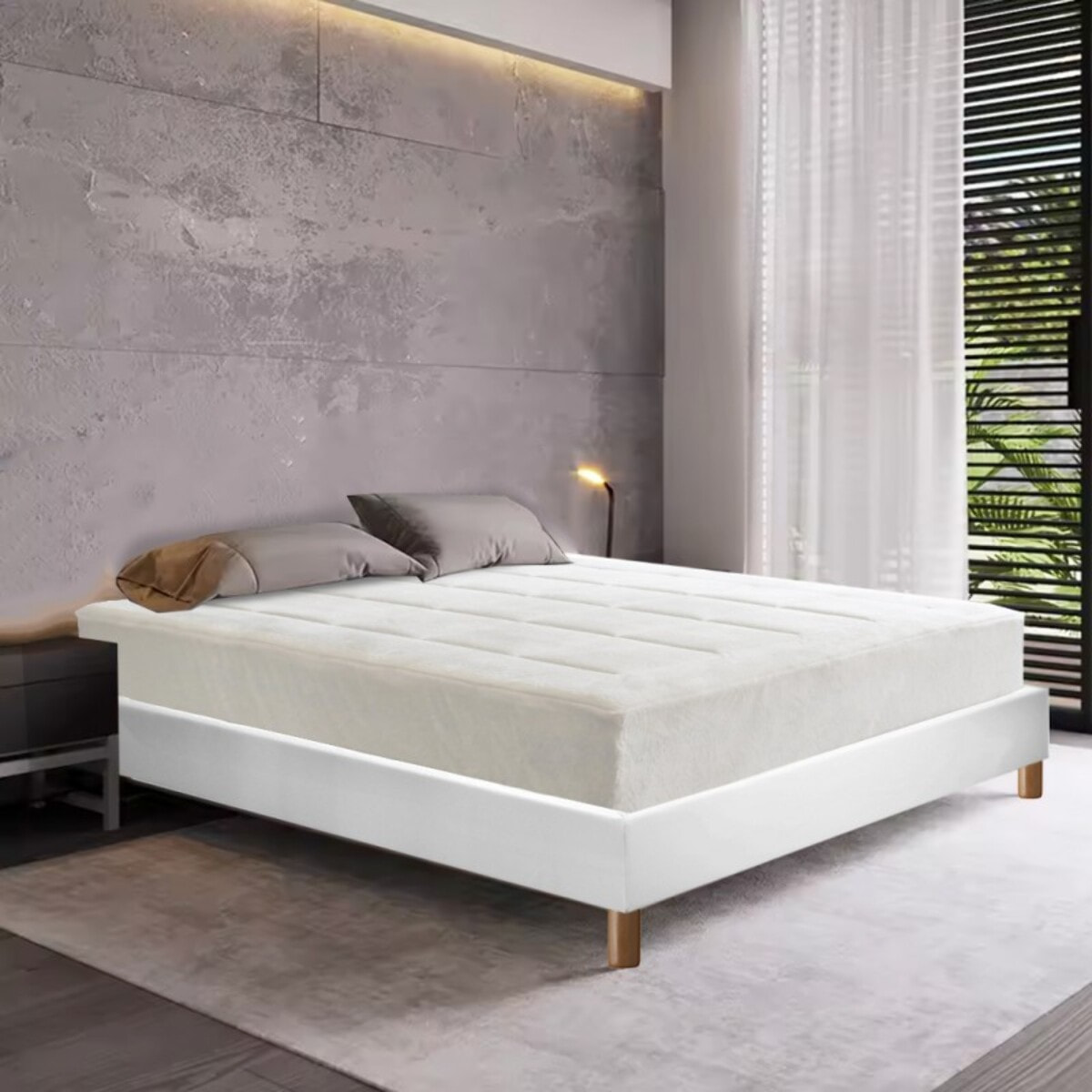 Ensemble Matelas Pure & Sommier Déco | Gel, mémoire de forme et mousse HD+ | Cadre à lattes | Simili cuir | Blanc