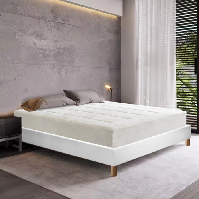 Ensemble Matelas Pure & Sommier Déco | Gel, mémoire de forme et mousse HD+ | Cadre à lattes | Simili cuir | Blanc
