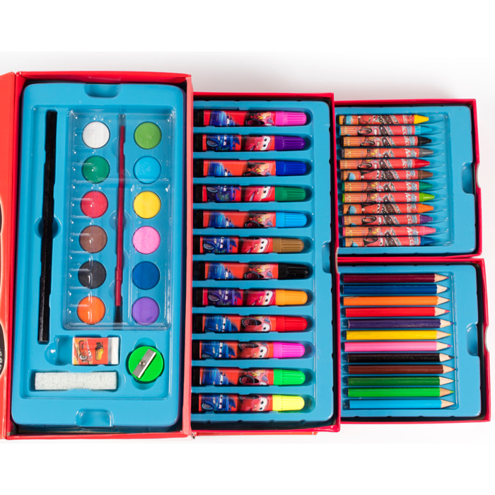 Set de pintura en maletín con cajones, 54 piezas diseño Cars. Incluye lápices, acuarelas, rotuladores, ceras y accesorios.