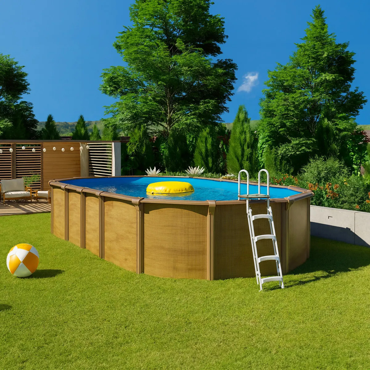 Piscine hors sol acier ovale 7,30 x 3,65 x 1,32 m aspect bois OSMOSE