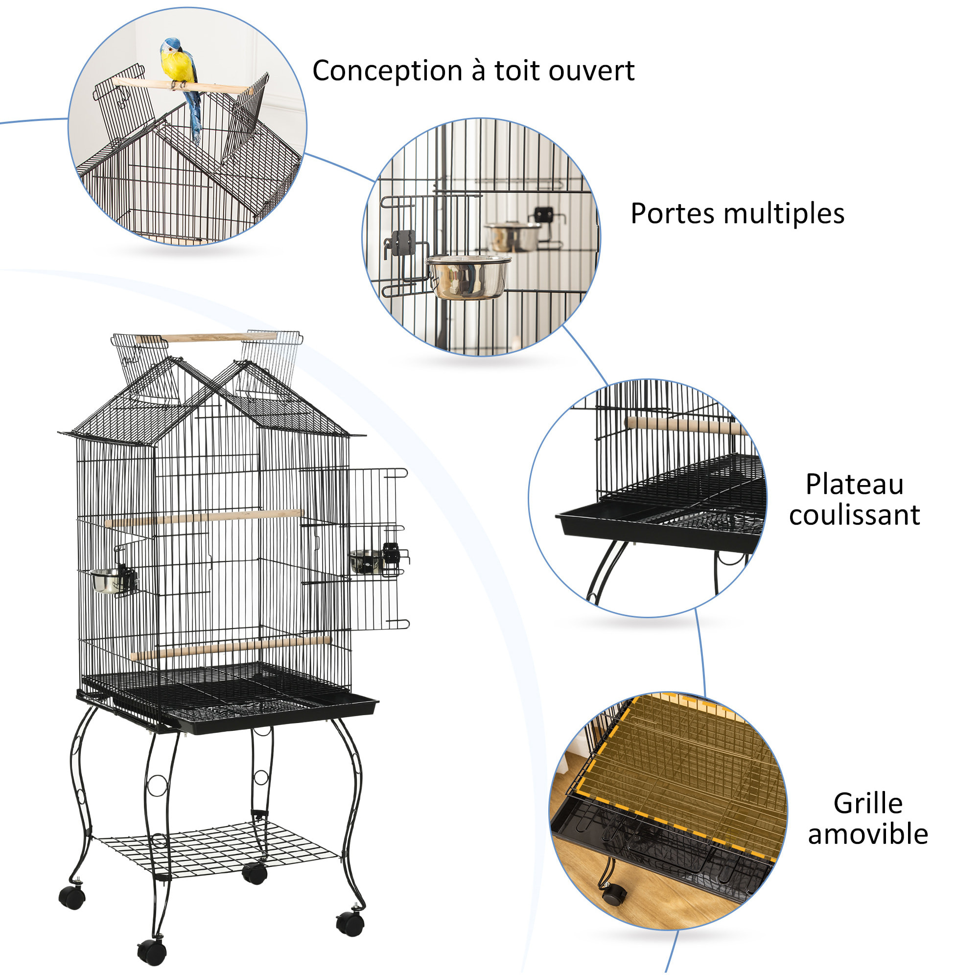 Cage à oiseaux sur pied volière avec 2 mangeoires perchoirs plateau amovible poignée et roulettes - 50 x 58 x 137-145 cm noir