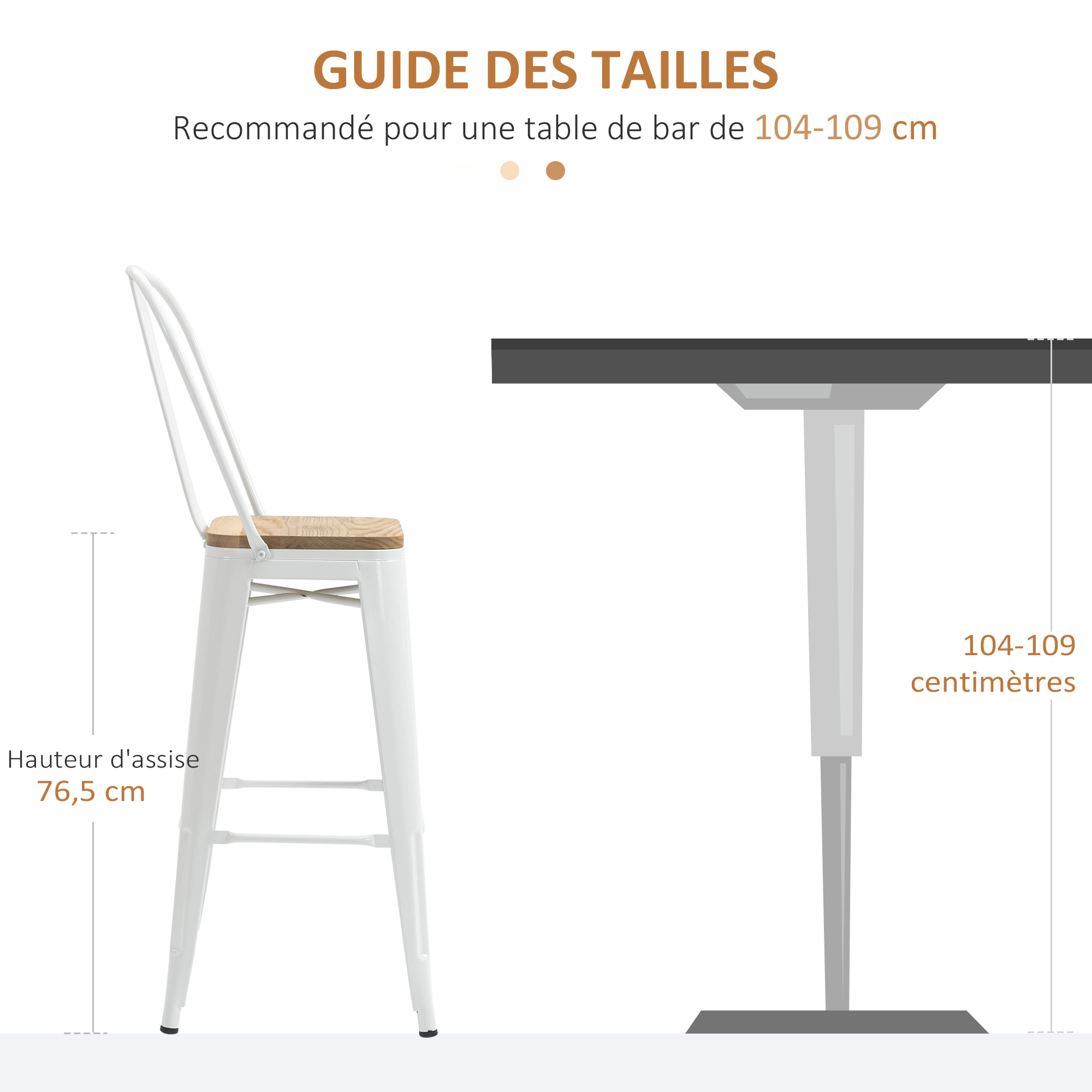 Juego de 4 Taburetes Altos de Cocina Apilables con Respaldo Alto Taburetes de Bar con Reposapiés Asiento de Madera y Marco de Acero Carga 120 kg 44x53x116 cm Blanco