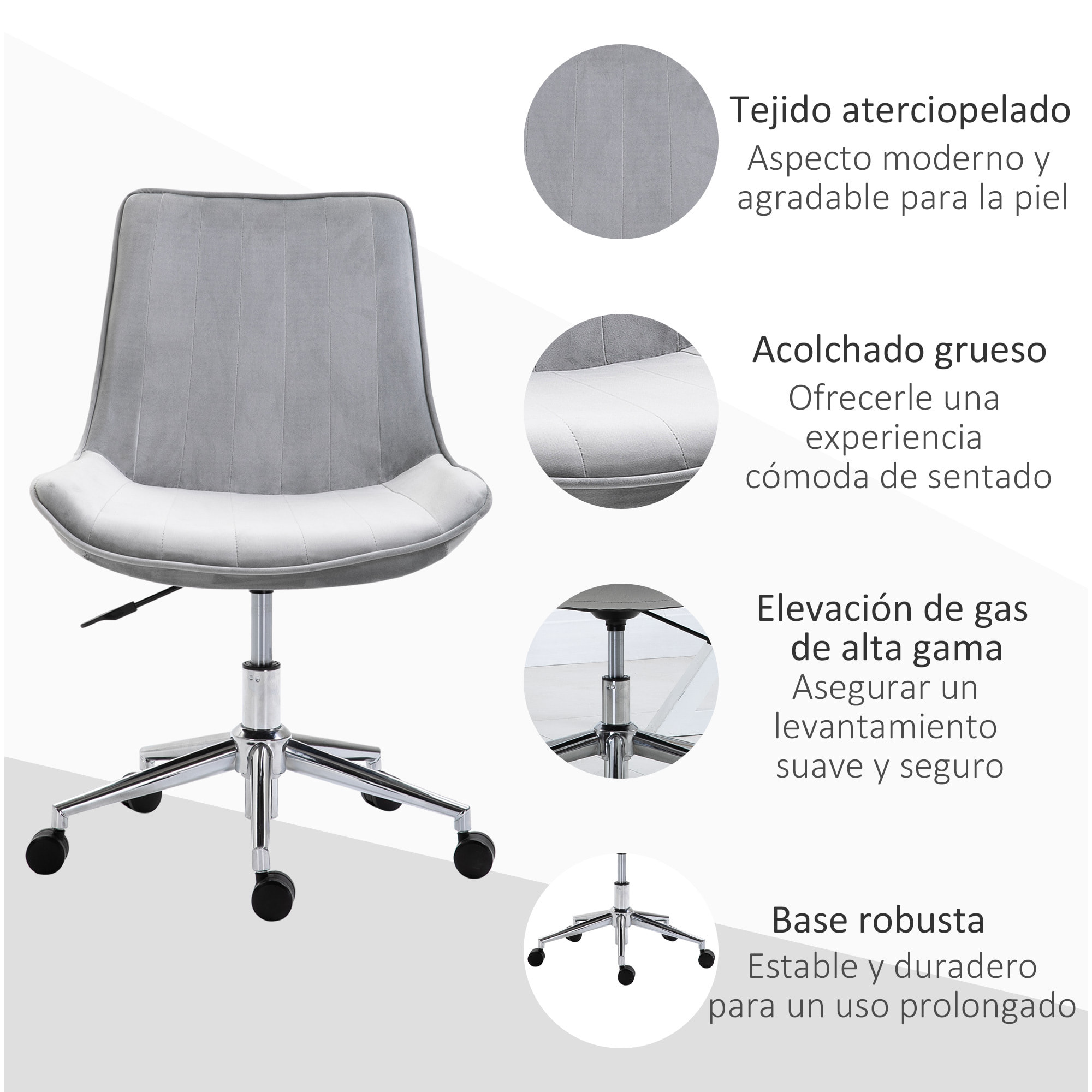 HOMCOM Silla de Oficina Giratoria Silla de Escritorio Ergonómica con Altura Ajustable Respaldo Tapizado en Terciopelo Suave y Ruedas Carga 120 kg 52,5x60x82-91 cm Gris