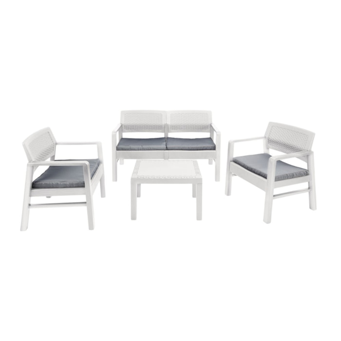 Set salotto da esterno Agnelo, Composizione da giardino con 2 poltrone, 1 divano ed 1 tavolino, Salottino effetto rattan con cuscini, 100% Made in Italy, Bianco