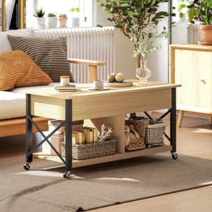 Mesa de Centro Elevable con Ruedas, Mesita de Salón con Compartimento Oculto, Estantes Abiertos, Mesa de Café para Comedor, Oficina, 105x50x67 cm, Madera Natural y Blanco