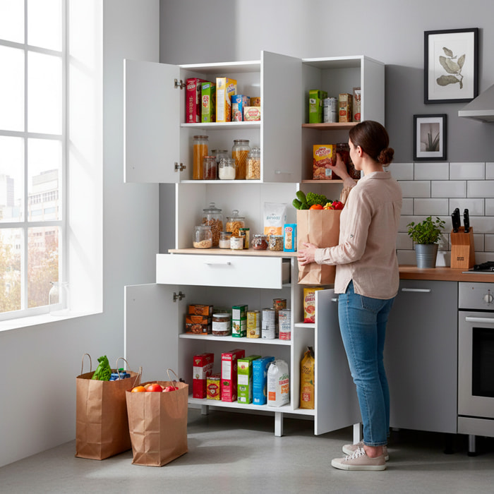 Mobile Dispensa Alto Per Cucina Microonde Credenza Madia Colonna Con 5 Ante e Cassetto Mobiletto Ausiliare Design 108 x 40 x 186 Cm Bianco e Rovere
