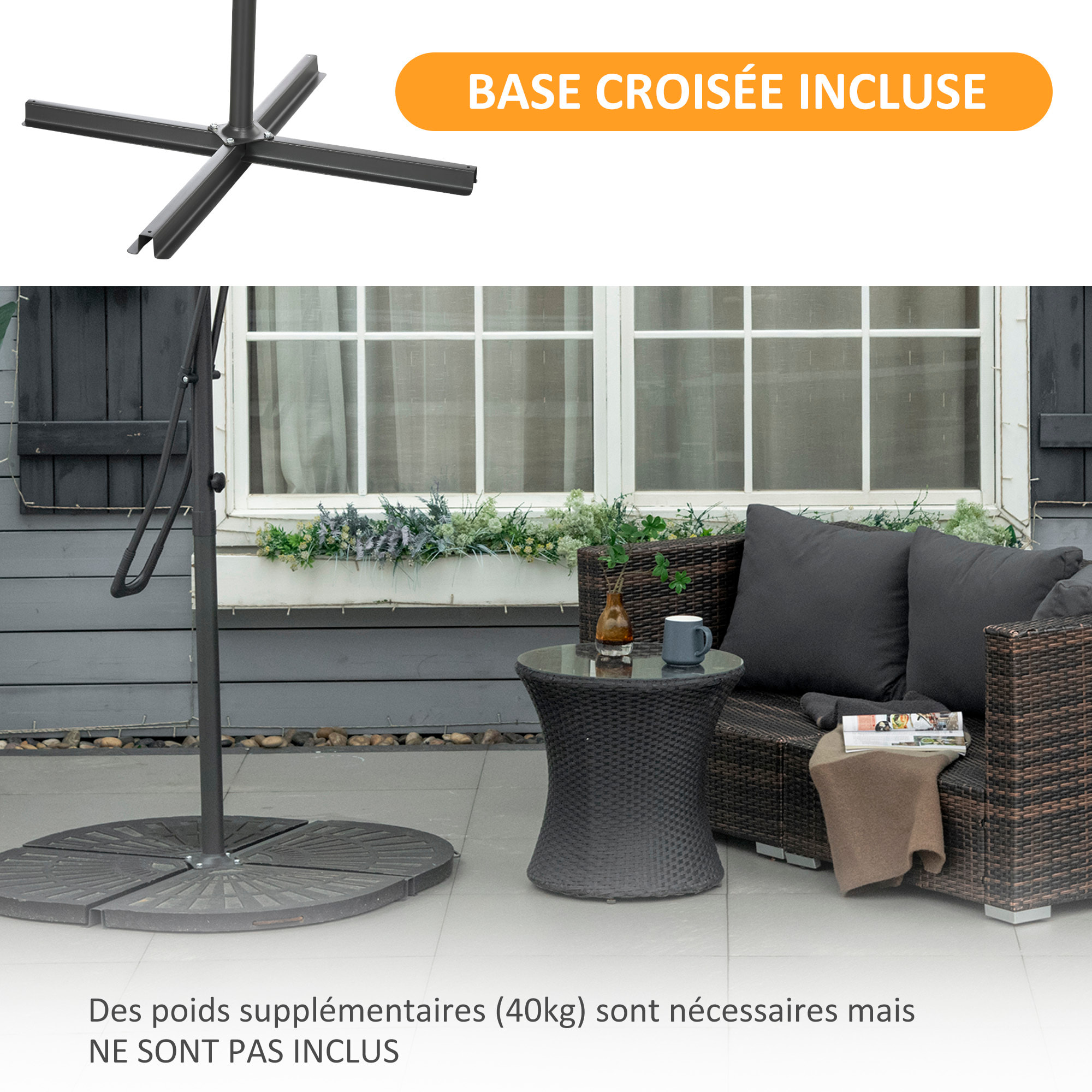 Parasol déporté carré dim. 2,5 x 2,5 m piètement inclus métal époxy polyester haute densité anthracite