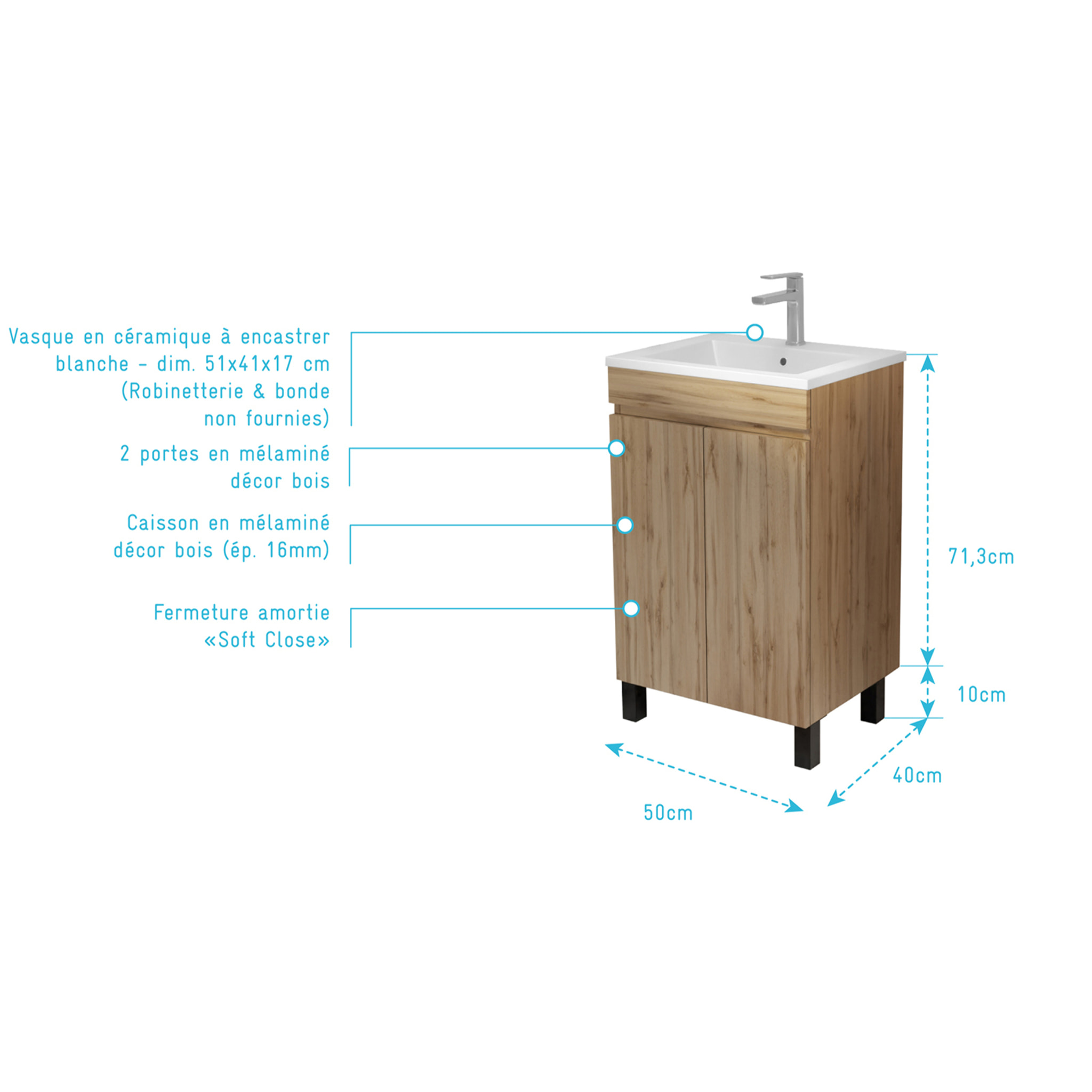 Meuble de salle de bains 50 cm Décor Chêne Naturel à portes avec Vasque céramique blanche