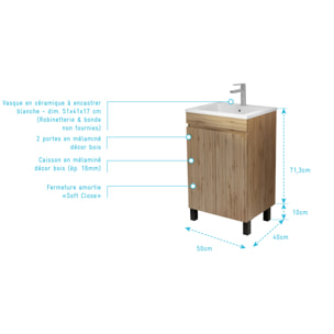 Meuble de salle de bains 50 cm Décor Chêne Naturel à portes avec Vasque céramique blanche