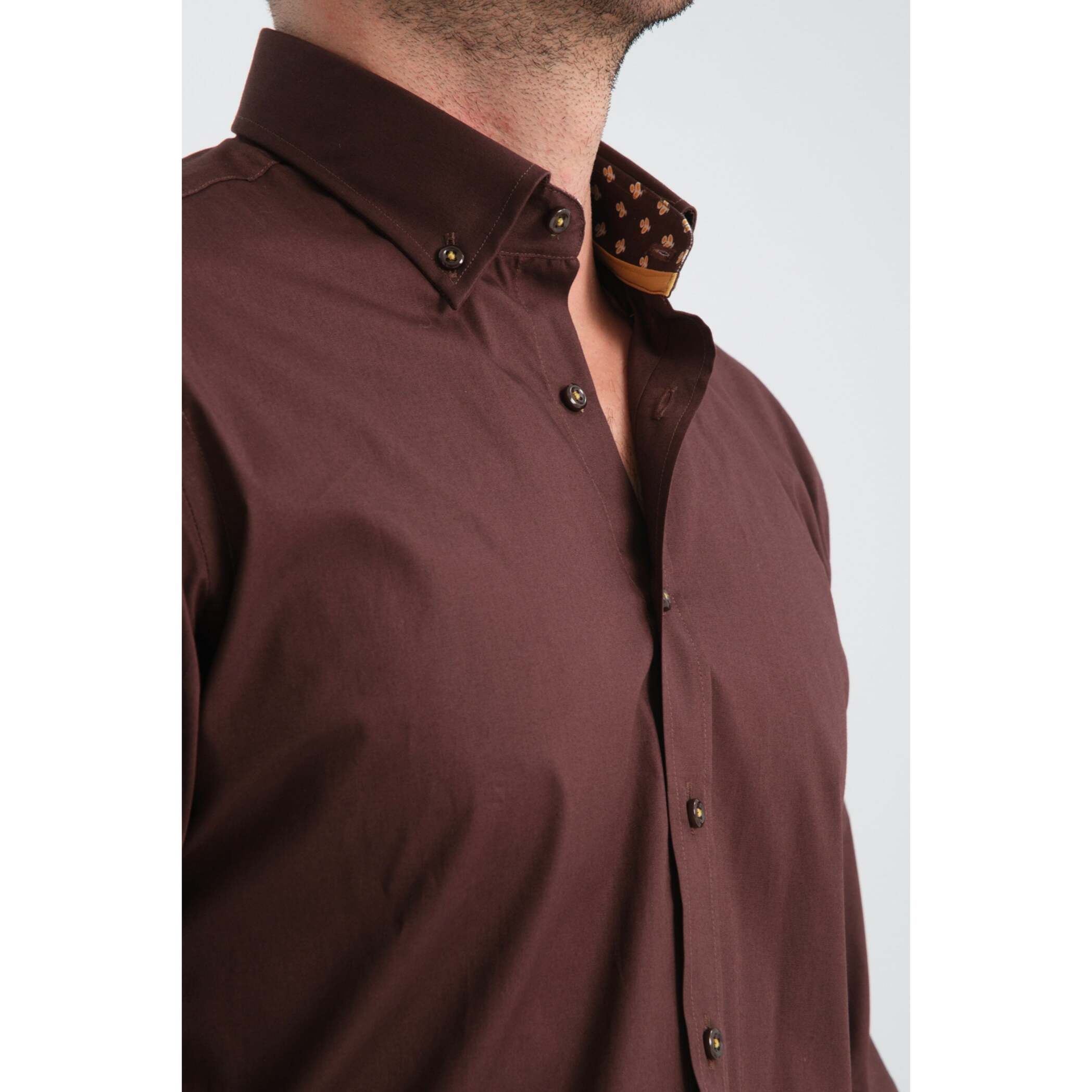 camicia uomo 1 bottone button down slim Popeline Stretch Unito Marrone