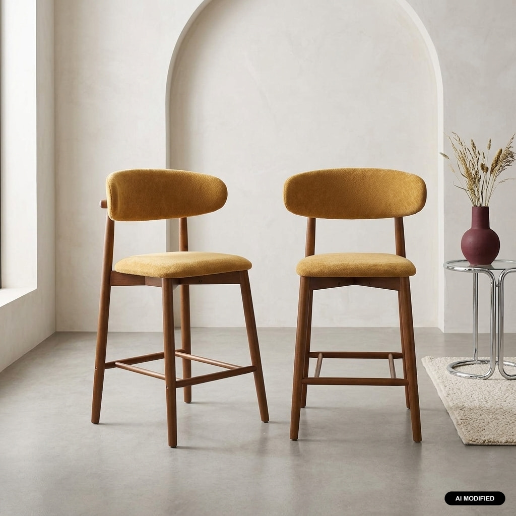 Tabouret de bar bois d'hévéa noyer et tissu chenille (lot de 2)  PAOLA