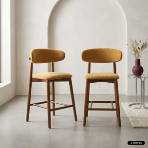 Tabouret de bar bois d'hévéa noyer et tissu chenille (lot de 2)  PAOLA