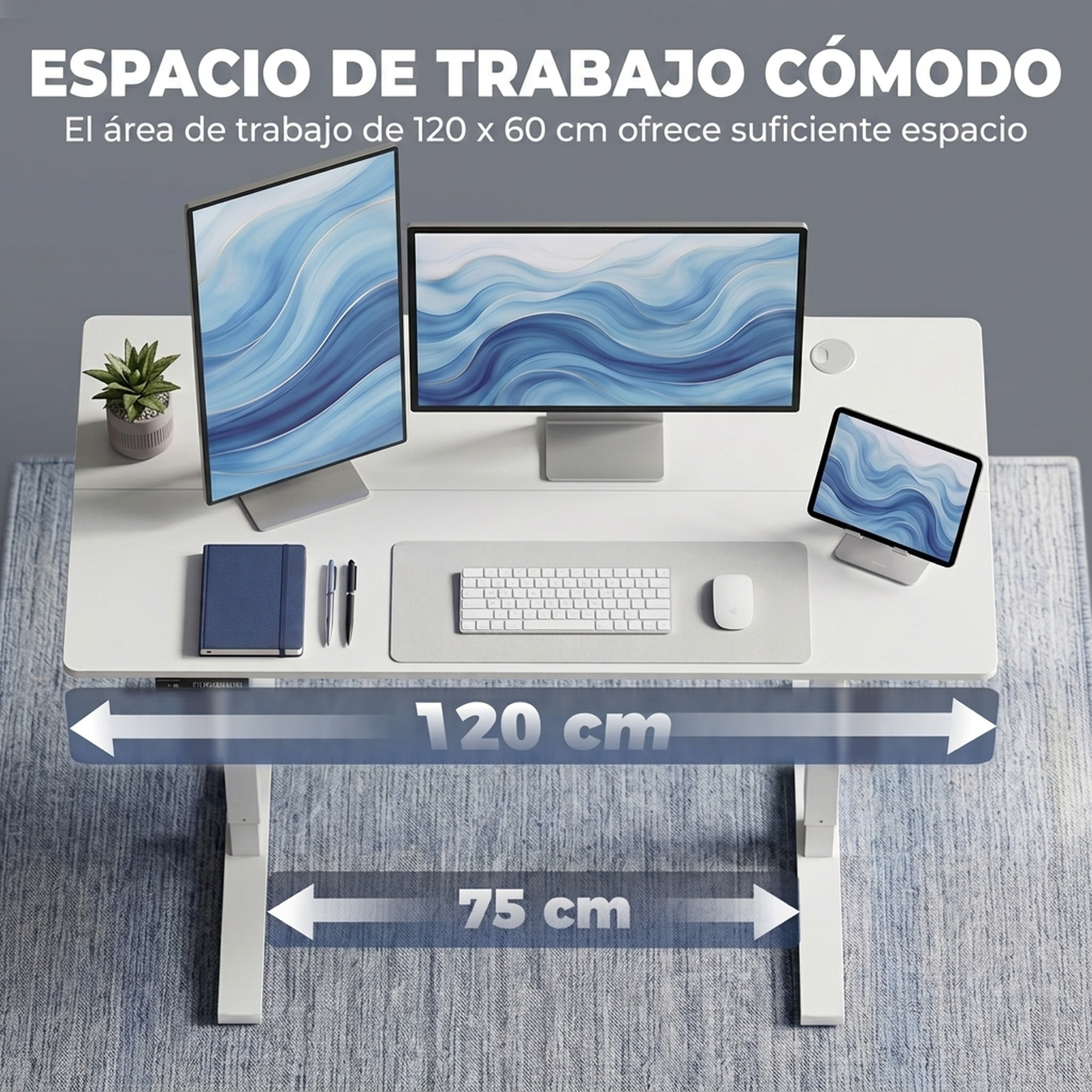 HOMCOM Escritorio Elevable 120x60 cm, Escritorio Eléctrico Regulable en Altura con 3 Alturas de Memoria, Pantalla LED, 2 Ganchos, 2 Pasacables, para Oficina en Casa, Estudio, Blanco