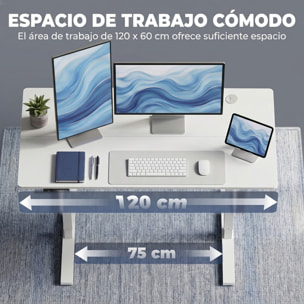 HOMCOM Escritorio Elevable 120x60 cm, Escritorio Eléctrico Regulable en Altura con 3 Alturas de Memoria, Pantalla LED, 2 Ganchos, 2 Pasacables, para Oficina en Casa, Estudio, Blanco