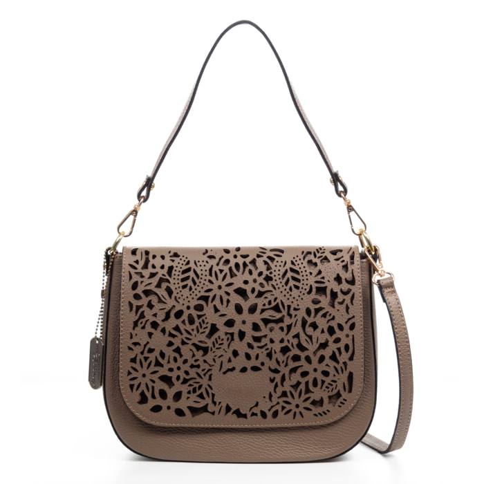 Borsa a tracolla da donna Ari. Vera pelle Dollaro con incisione al vegetale.