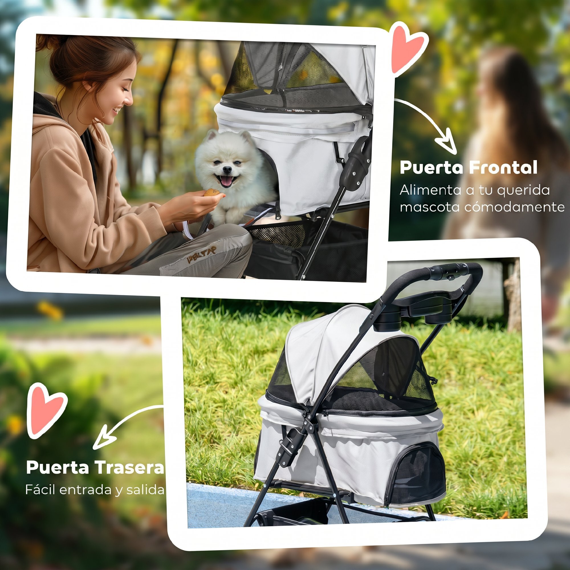 Cochecito para Perros Plegable, Carrito para Perros Pequeños de 4 Ruedas de EVA, Giratorio y Freno, Cesta, Correas de Seguridad, Capota Ajustable, Portavasos y Ventana, 67x45x96 cm, Gris Claro