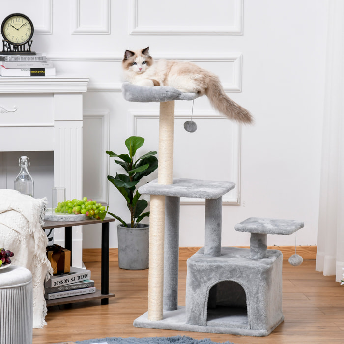 Árbol Rascador para Gatos Altura 114 cm Árbol para Gatos Torre para Gatos con Postes de Sisal 3 Plataformas Casita y 2 Bolas Colgantes Gris Claro
