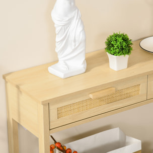 Console table d'appoint dim. 100L x 30l x 76H cm 2 tiroirs façades cannage en rotin étagère MDF aspect bois clair