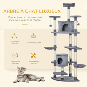 Arbre à chat multi-équipement griffoirs 2 niches 2 hamacs plateformes boules suspendues corde peluche grise